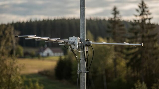 Focused longrange antenna positioned near forest border with blurred tree line and faint farmhouse shapes symbolizing wireless service in wooded rural areas.