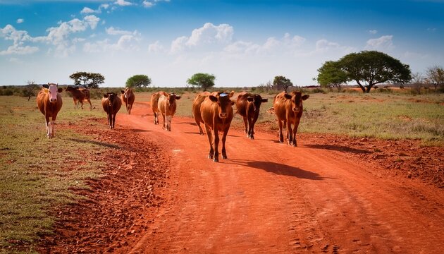 free roaming cows in paraguay with its typical red sand paths