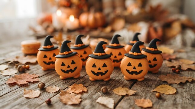 Halloween pumpkin macarons with witch hats