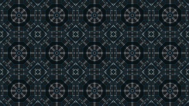 Symmetrical octagonal grids trace clean blue and white line work across black. Cyber security mainframe interfaces look highly authentic via this. Geometric patterns loop.