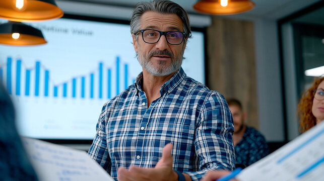 Data-driven marketing analyst presenting a customer lifetime value attribution report projected on a large conference room screen, surrounded by colleagues annotating printed dashboards and cohort a