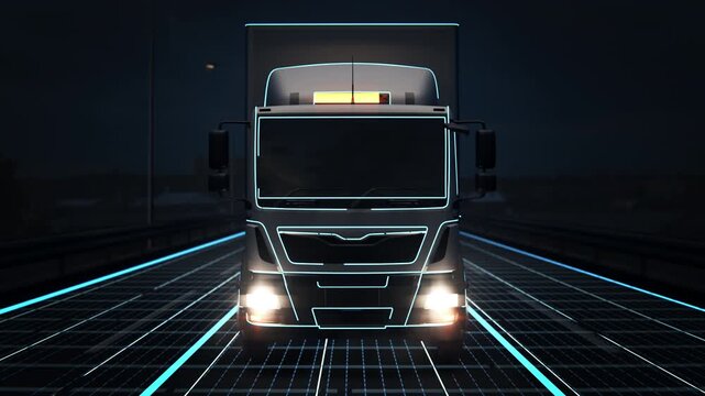 Autonomous Semi Truck Driving at Night with AI HUD Technology Visualization. Self-Driving Electric Cargo Semi-Truck Scans Road and Activates Smart Autopilot Controls for Future Logistics Concept