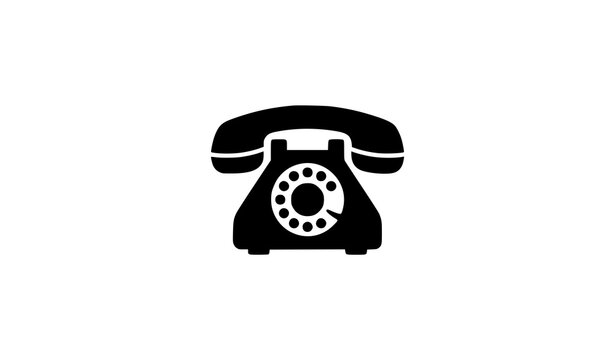 Black and white silhouette icon of a vintage rotary telephone for communication and business contact concepts