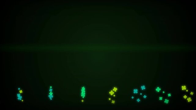 glowing shamrocks st patricks day green background luck concept abstract design with sparkling four-leaf clovers on dark emerald backdrop ideal for festive celebrations.