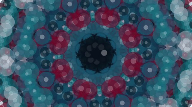 Procedural art. Abstract art with red and blue circular bokeh lights creating a symmetrical kaleidoscopic design. Suitable for backgrounds, web graphics, and digital art projects.