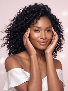 Stunning Black woman with natural curly hair gently touching her temples against a soft pastel background, skincare and beauty concept