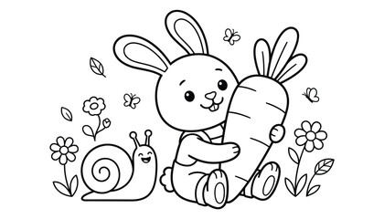 Cute bunny hugging a carrot with a snail in a garden setting vector silhouette style © MdJamil