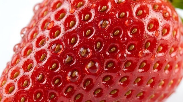Macro close up background texture of a fresh red strawberry with water droplets