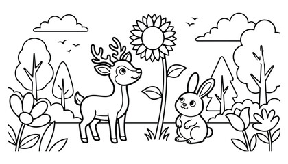 Fototapeta premium Deer and rabbit in a sunny meadow with flowers and trees during springtime vector silhouette for children's book illustration