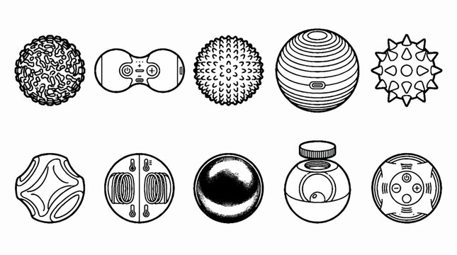 A collection of various massage and sensory therapy balls in black and white line art style.