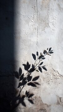 Plant branch casting a dramatic shadow on a textured white wall