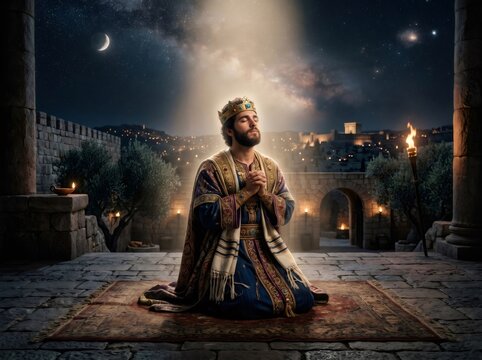 Young King Solomon praying asking for wisdom