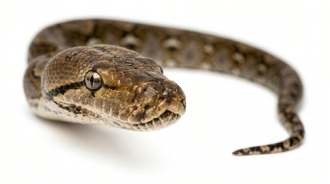 Closeup of a reticulated python head, isolated on white background