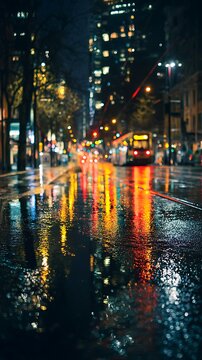 Rainy city street at night with colorful light reflections