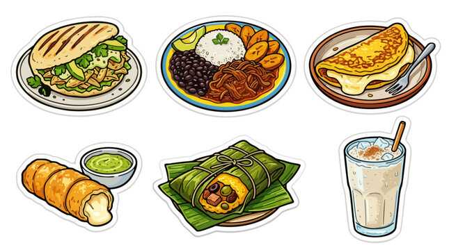 Vector sticker sheet set of traditional Venezuelan food items including arepa pabellon, cachapa, tequenos, pabellon criollo, chicha, and quesillo caramel flan