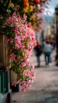 Vibrant pink flowers cascade from a planter on a city street