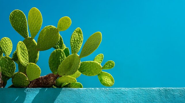 Vibrant prickly pear cactus thrives against a bright blue wall