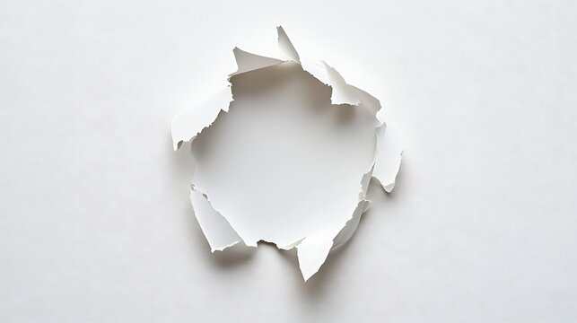 White textured paper with a ragged hole revealing blank space beneath
