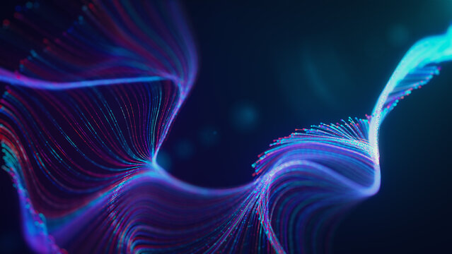 Elegant abstract flowing particle ribbons with glowing blue, turquoise and violet dotted lines, soft bokeh and futuristic lighting, ideal for technology branding, presentations and digital media.