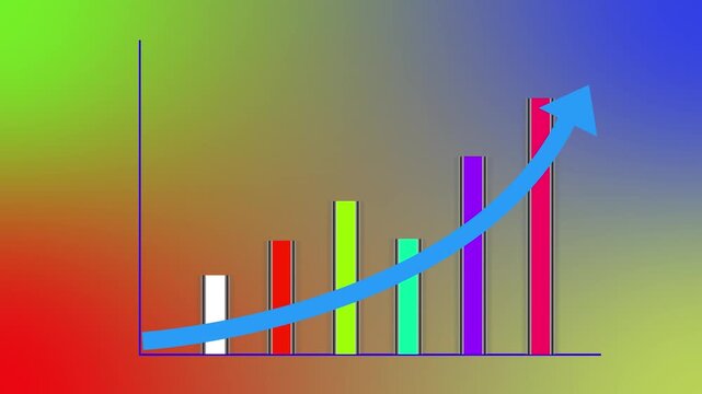 Bar graph statistics track corporate market gains beneath upward trending arrows. E-commerce business success metrics stand out brightly over this colorful track. Stats grow.