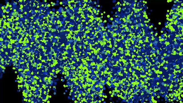 Dots pattern fields scatter blue and green circle nodes across a dark screen. Cyber security data encryption monitoring screens gain deep visual complexity. Matrices loop.
