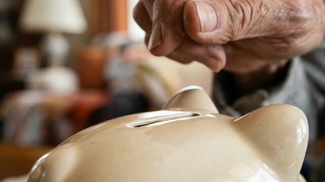 Wrinkly hand of senior citizen putting coin into piggy bank. Close-up of elderly person saving money for retirement. Pension, finance, and elderly savings concept