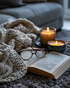 Cozy Home Ambiance: Book, Eyeglasses, Lit Candles, and Warm Knitted Blanket