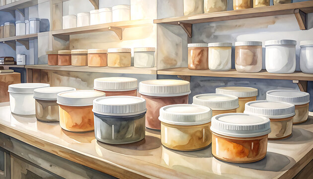 Colorful paints in plastic containers.