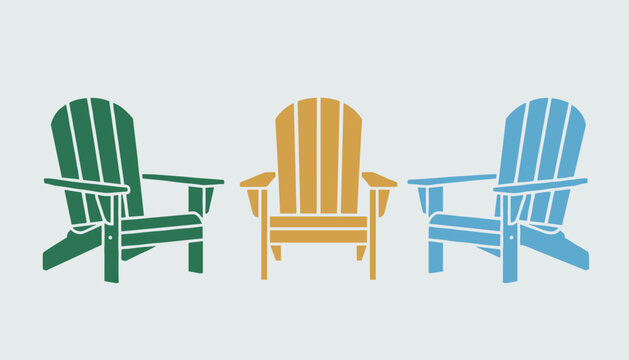 Three colorful adirondack wooden chairs in green, yellow, and blue shades arranged side by side on a light gray background.