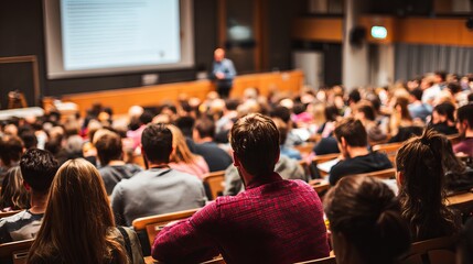 Obraz premium Large audience attentively listening to a speaker during a conference or lecture in a modern auditorium setting