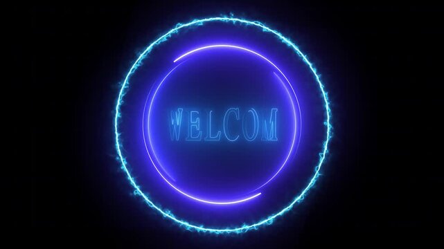 Welcome text displays flash greeting messages inside a neon blue circle zone. Customer relationship management tutorials gain a clean introductory graphic. Panels glow.