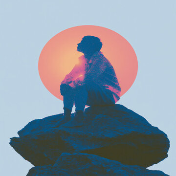 Contemplative Silhouette of a Person Sitting on a Rock Against a Bold Sunset Circle, Abstract and Surreal Visual Exploration of Solitude and Reflection