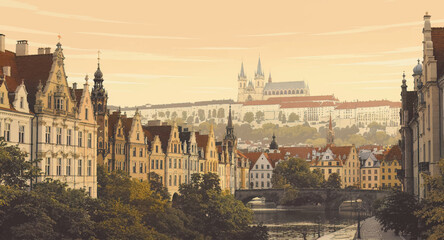 Fototapeta premium European canal city vector landscape showing waterfront buildings, historic architecture, bridge, and peaceful urban scenery. Ideal for travel promotion, cultural projects, tourism graphics