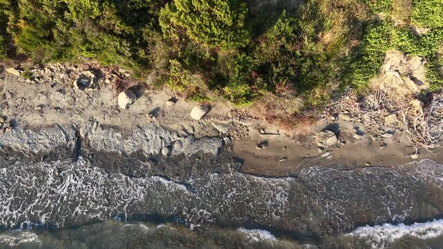 Overhead aerial view of a secluded beach, submerged rocks and forested coastline at Kepi i Rodonit, Albania.