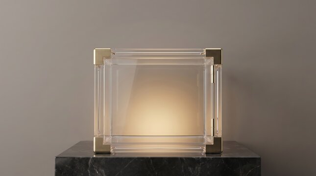Elegant glass safe on pedestal for secure storage. Modern security device for valuables and documents.