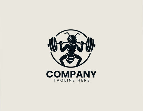 Powerful weightlifting ant holding heavy barbell black vector logo illustration
