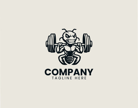 Powerful weightlifting ant holding heavy barbell black vector logo illustration