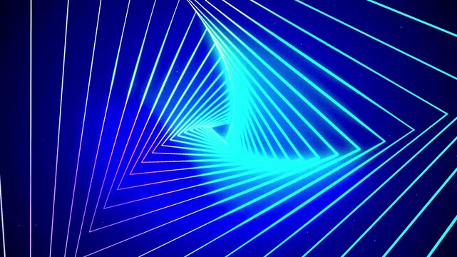 Neon triangle shapes twist into a glowing colorful gradient spiral tunnel in a futuristic motion graphic loop.