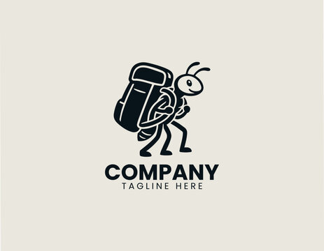 Backpacking ant carrying oversized hiking backpack black vector logo illustration
