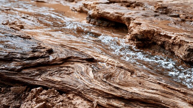 Abstract Close-Up of Water Flow Over Textured Wood in Natural Landscape