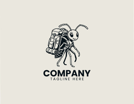 Backpacking ant carrying oversized hiking backpack black vector logo illustration
