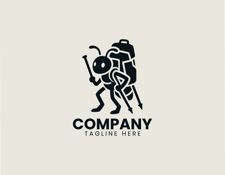 Backpacking ant carrying oversized hiking backpack black vector logo illustration