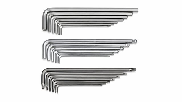 Professional L-Key Tool Set: Standard Hex, Ball-End Hex, and Torx Key Assortment Isolated on White Background