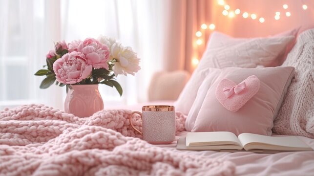 Pastel bedroom interior with fluffy blanket open book vase flowers and glowing window light creating cozy morning atmosphere for home comfort reading relaxation lifestyle decor and peaceful self care