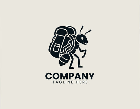 Backpacking ant carrying oversized hiking backpack black vector logo illustration