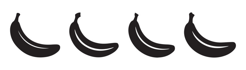 Black banana fruit silhouette icons set in a row for supermarket signage and healthy eating infographics. © Labib