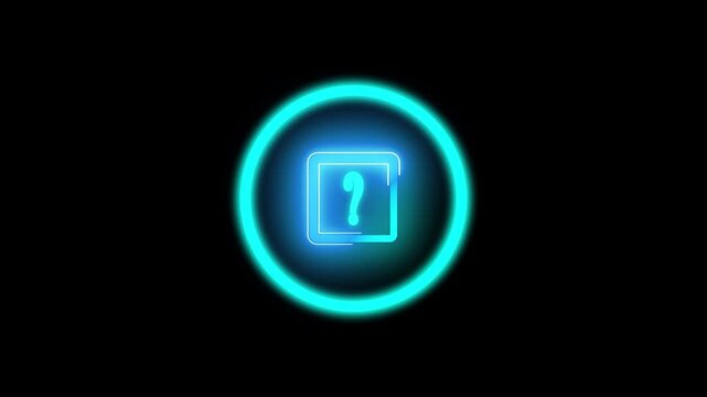 Question mark graphics illuminate online query options inside a neon circle zone. Digital user on boarding guides leverage this interactive focal asset. Help icons glow.