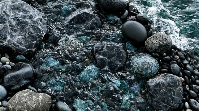 Clear Water Flow Over Dark Rocks and Stones on a Coastal Shoreline