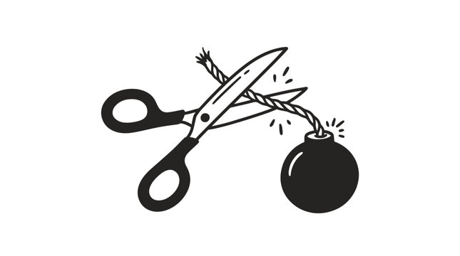 A black and white line art illustration of scissors cutting a bomb fuse.