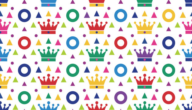 Colorful seamless pattern featuring crowns, circles, and triangles on white background, suitable for children party decorations.